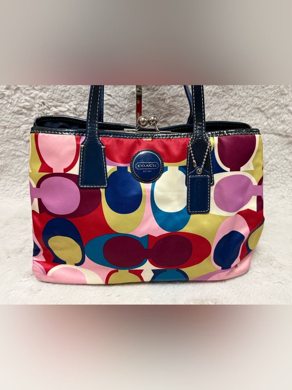 Coach Signature Scarf Print Framed Carryall Bag with Navy Trim
